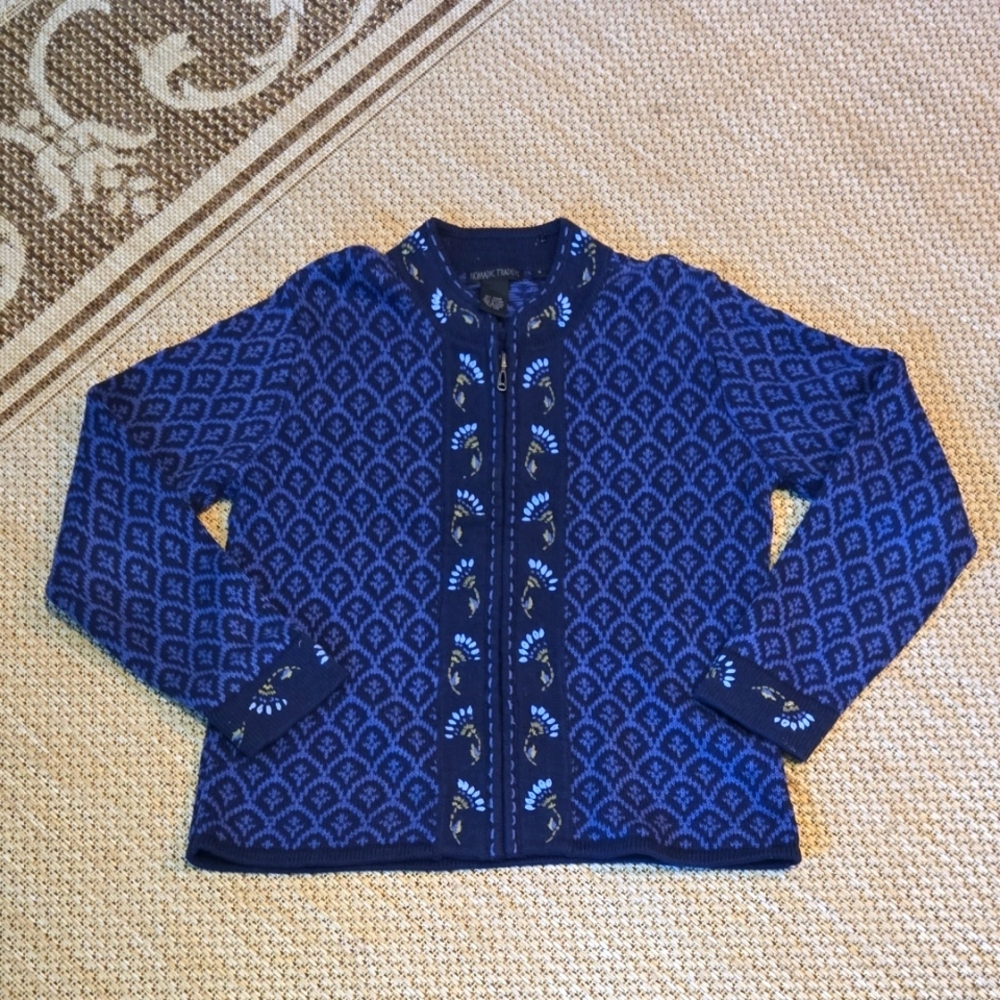 Nomadic Traders Sweater Sz Small Blue/Purple Zip Cardigan Embroidered Florals